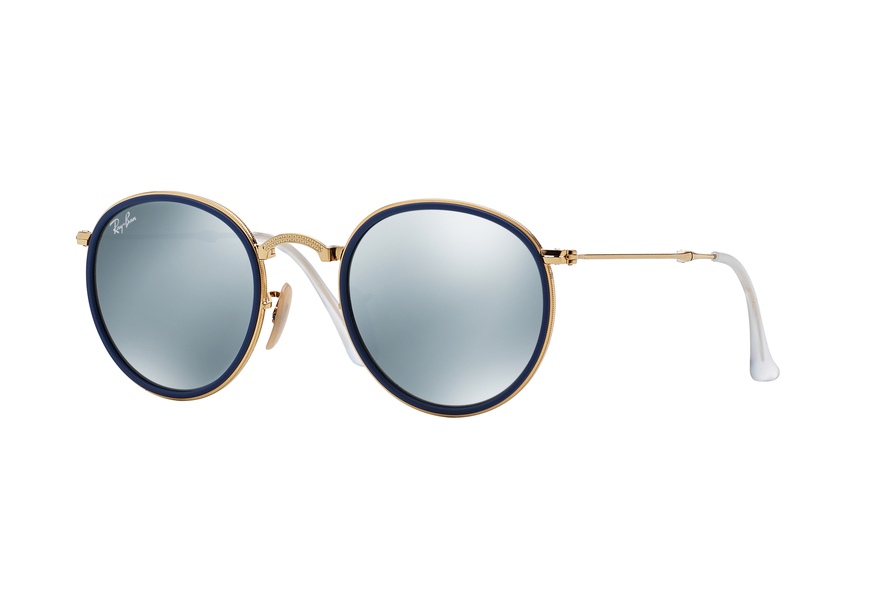 RAY-BAN RB3517 FOLDING ROUND METAL » GOLD GREEN MIRROR SILVER